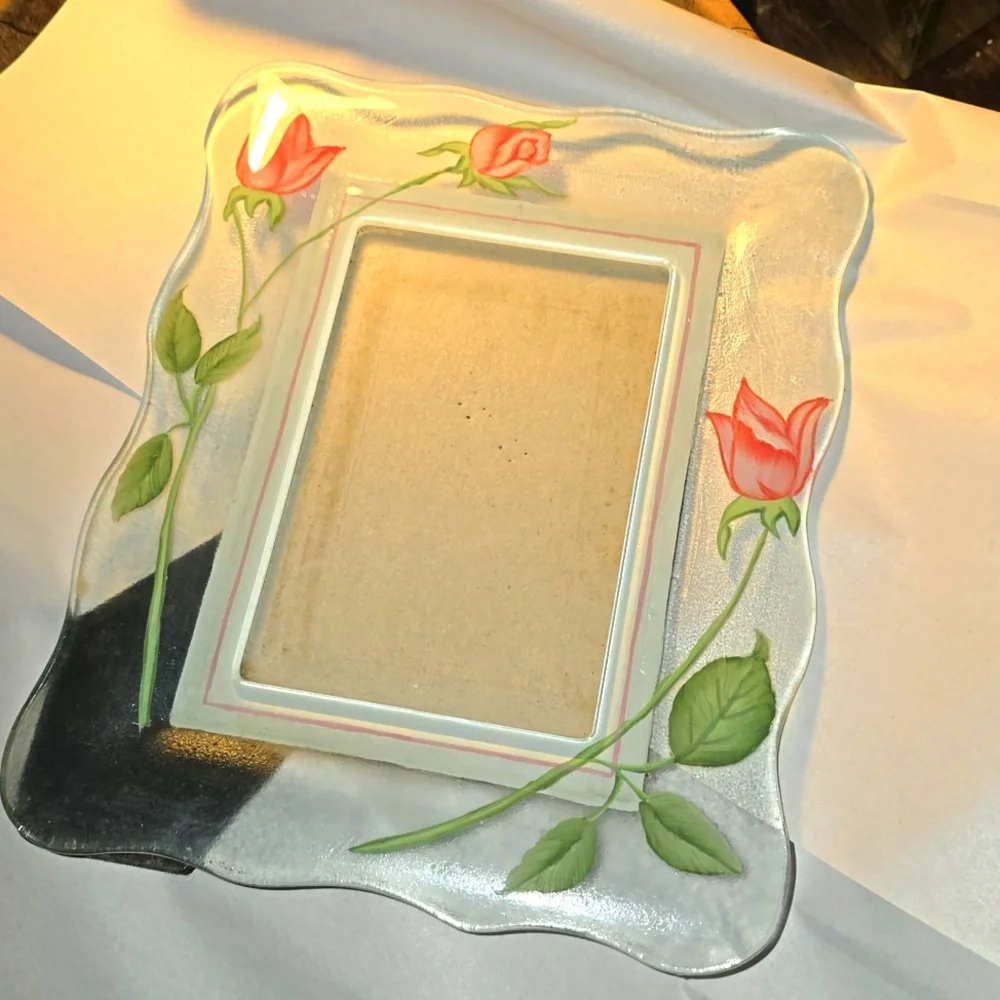STIFFEL Glass Hand Painted Tulip Flower Picture Frame 9.5